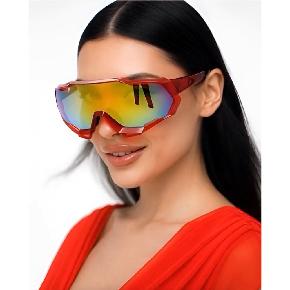 Red Oversized Shield Sunglasses Iridescent Mirrored Lens Futuristic Sporty Shade
